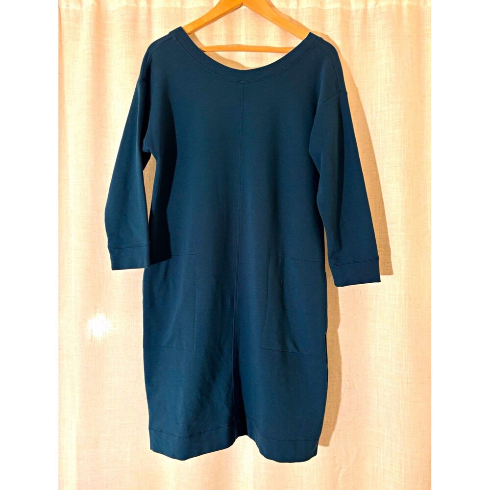J. Jill Women’s Blue Knit Shift Dress V-Neck 3/4 Sleeve Pockets Stretch, Size S